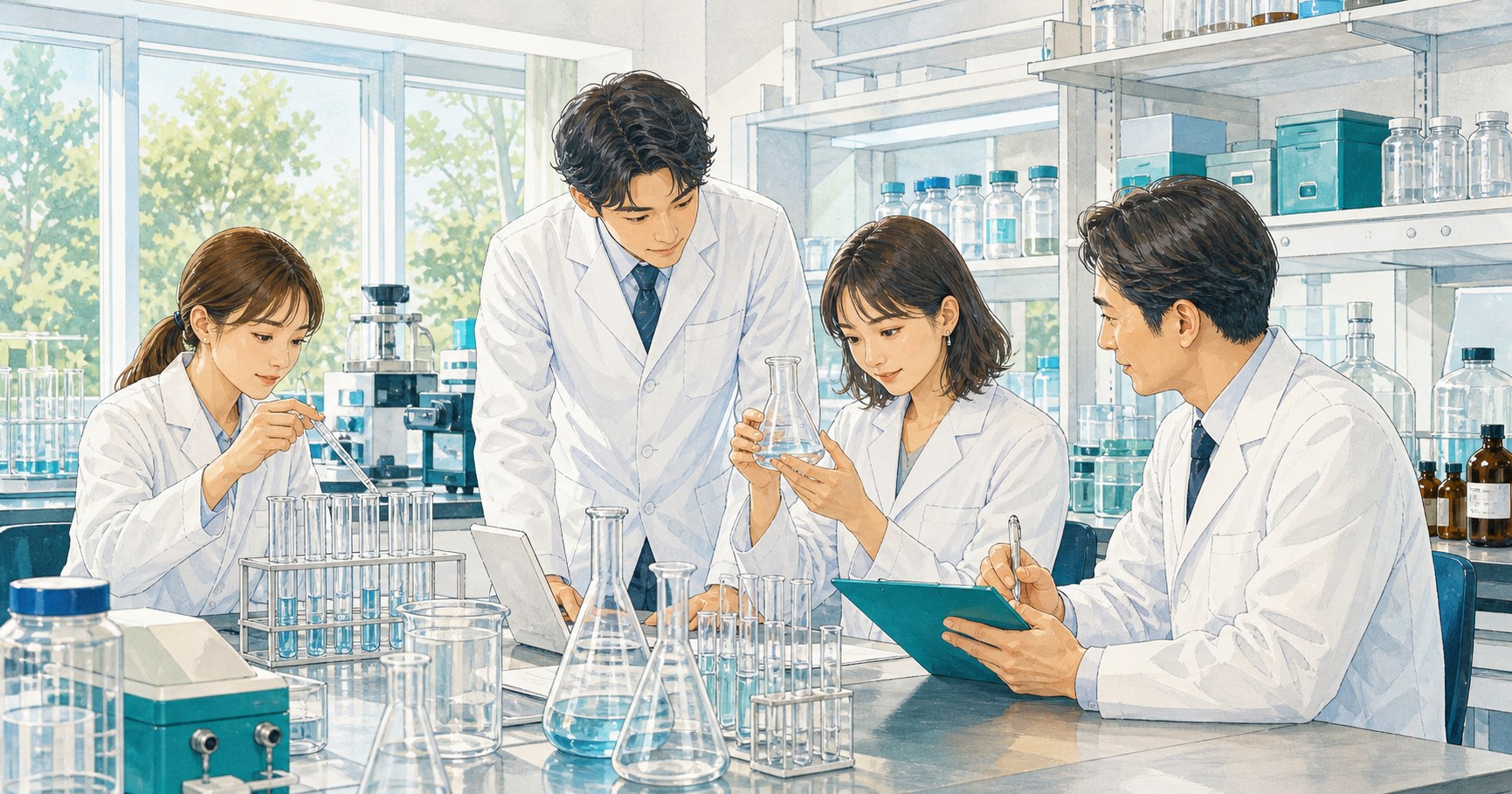 理科室風の明るい実験室で白衣の男女社員が分析や打ち合わせをしているイメージイラスト
